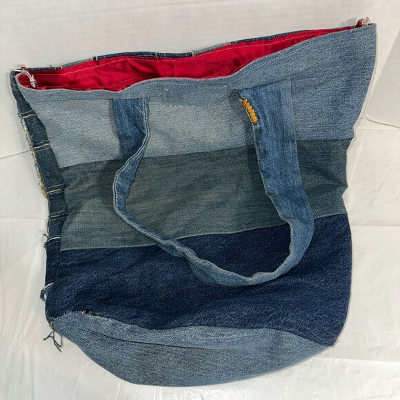 Handmade Denim Patchwork Tote Bag With Red Satin Lining & Pocket Detail - Picture 2 of 5